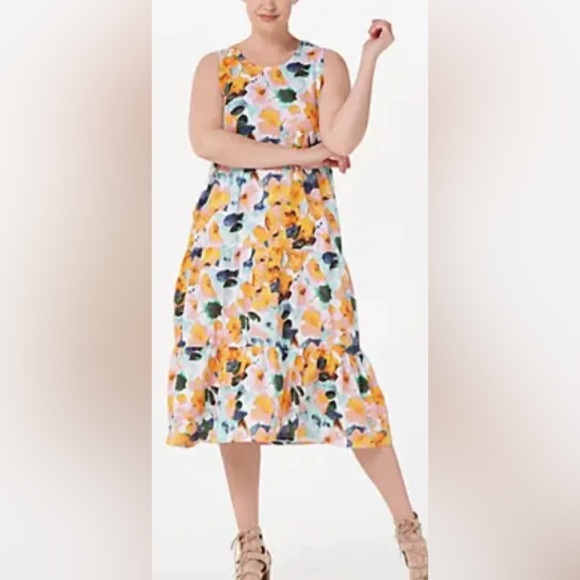 Denim & Co. Beach - Linen Blend Knit Midi Dress with Pockets - Gold Floral - Picture 2 of 7